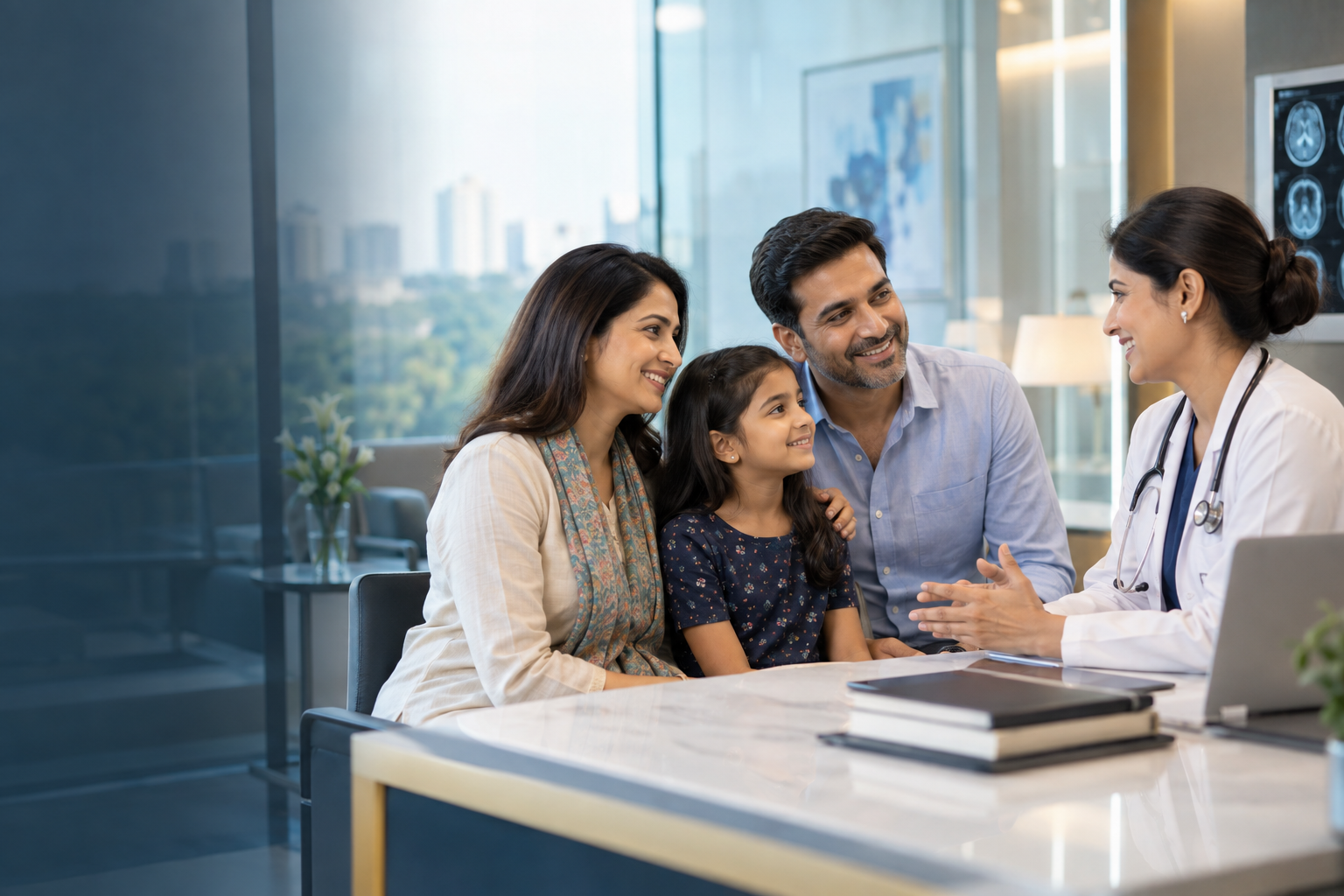 Indian family speaking with a doctor about healthcare planning